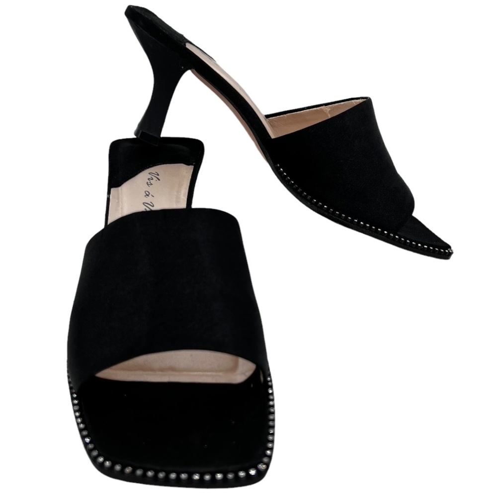 Vis a Vie Black Satin Mule Slide Kitten Heel Leather Sole Rhinestones around toe